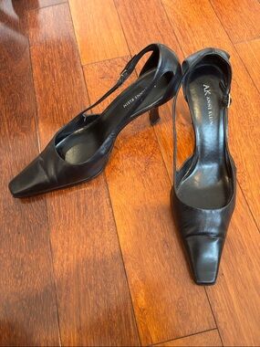 Anne Klein Black Leather Square-Toe Slingback Heels
